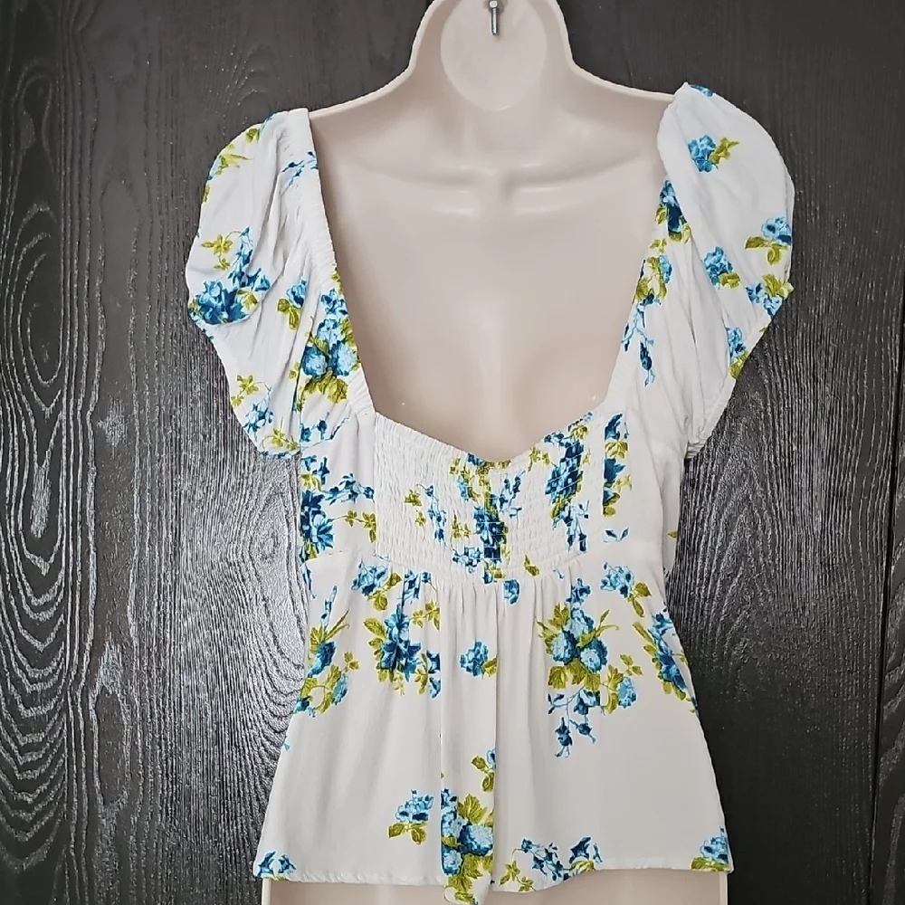 Free People White Floral Button Front Blouse with Blue and Green Print